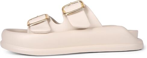 Women's Modern Minimalist Platform Sandals with Gold Buckle, Casual Slip On, Lightweight Foam Slides, Comfortable and Stylish Women's Two Strap Slide Flat Sandals in Creamy Shades in Kuwait