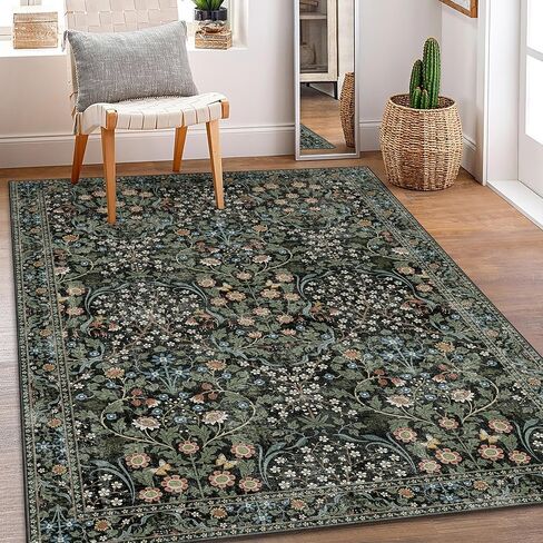 MUJOO 3x5 Rug Washable,Floral Area Rug for Bedroom Office Entryway Living Room Bedside,Small Throw Carpet Boho Non Slip Indoor Floor Botanical Vintage Ultra-Thin Black and Green in Saudi Arabia