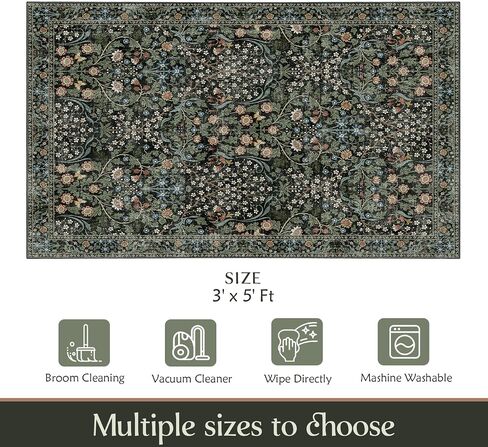 MUJOO 3x5 Rug Washable,Floral Area Rug for Bedroom Office Entryway Living Room Bedside,Small Throw Carpet Boho Non Slip Indoor Floor Botanical Vintage Ultra-Thin Black and Green in Saudi Arabia