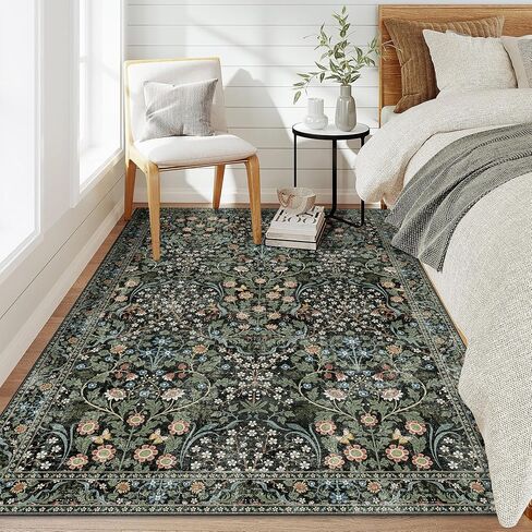 MUJOO 3x5 Rug Washable,Floral Area Rug for Bedroom Office Entryway Living Room Bedside,Small Throw Carpet Boho Non Slip Indoor Floor Botanical Vintage Ultra-Thin Black and Green in Saudi Arabia