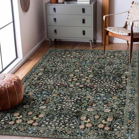 MUJOO 3x5 Rug Washable,Floral Area Rug for Bedroom Office Entryway Living Room Bedside,Small Throw Carpet Boho Non Slip Indoor Floor Botanical Vintage Ultra-Thin Black and Green in Saudi Arabia