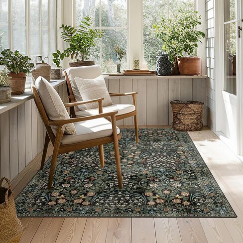 MUJOO 3x5 Rug Washable,Floral Area Rug for Bedroom Office Entryway Living Room Bedside,Small Throw Carpet Boho Non Slip Indoor Floor Botanical Vintage Ultra-Thin Black and Green in Saudi Arabia