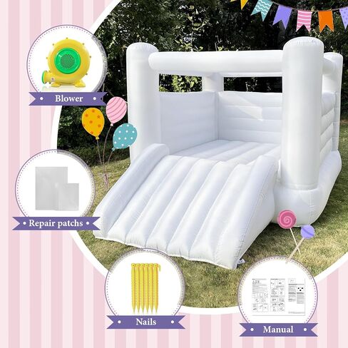 White Bounce House for Kids 2-8 Indoor Outdoor Toddlers Oxford Bouncy Castle with Slide & Blower,103 x 71 x 90 inch Birthday Party Gifts for Halloween Christmas in Kuwait