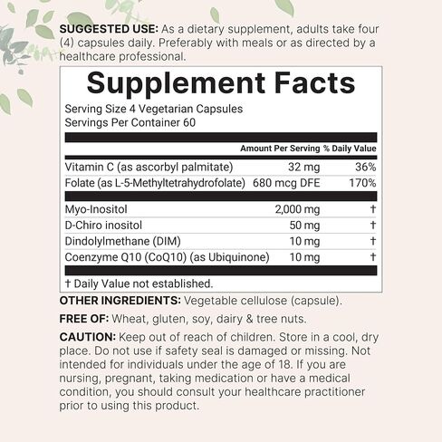 Myo-Inositol & D-Chiro Inositol 2،050mg | 240 كبسولات الخضروات + فيتامين C ، الفولات ، DIM ، و COQ10 | ملحق إينوسيتول للنساء | 40: 1 نسبة | التوازن الهرموني ودعم المبيض | حشو خالي in Saudi Arabia