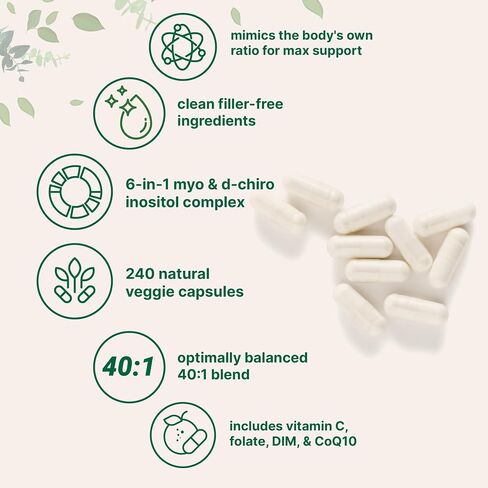 Myo-Inositol & D-Chiro Inositol 2،050mg | 240 كبسولات الخضروات + فيتامين C ، الفولات ، DIM ، و COQ10 | ملحق إينوسيتول للنساء | 40: 1 نسبة | التوازن الهرموني ودعم المبيض | حشو خالي in Saudi Arabia