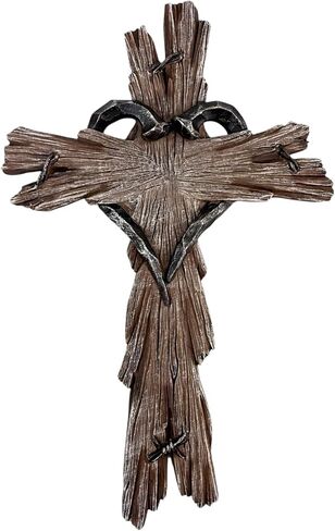 Rustic Wood-Look Resin Wall Cross with Barbed Wire & Nail Heart Accents – 11 ½" Christian Farmhouse Wall Décor, Inspirational Religious Gift (Whitewash) in Saudi Arabia
