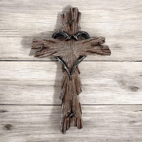 Rustic Wood-Look Resin Wall Cross with Barbed Wire & Nail Heart Accents – 11 ½" Christian Farmhouse Wall Décor, Inspirational Religious Gift (Whitewash) in Saudi Arabia