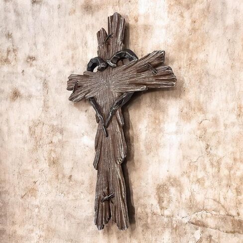 Rustic Wood-Look Resin Wall Cross with Barbed Wire & Nail Heart Accents – 11 ½" Christian Farmhouse Wall Décor, Inspirational Religious Gift (Whitewash) in Saudi Arabia