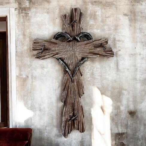 Rustic Wood-Look Resin Wall Cross with Barbed Wire & Nail Heart Accents – 11 ½" Christian Farmhouse Wall Décor, Inspirational Religious Gift (Whitewash) in Saudi Arabia