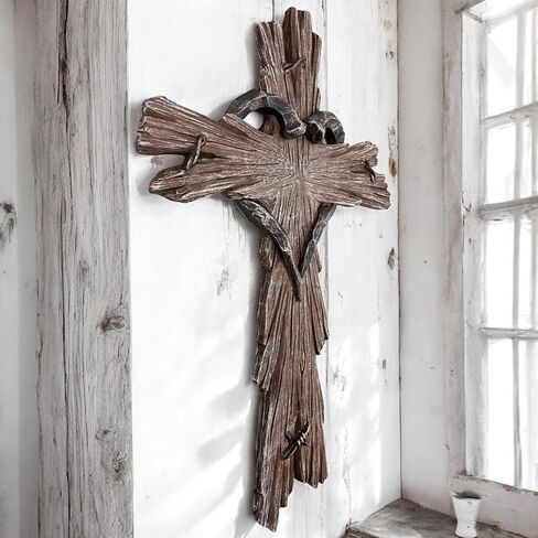 Rustic Wood-Look Resin Wall Cross with Barbed Wire & Nail Heart Accents – 11 ½" Christian Farmhouse Wall Décor, Inspirational Religious Gift (Whitewash) in Saudi Arabia