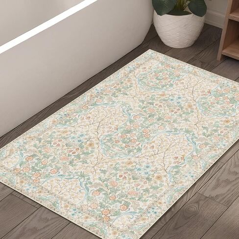 MUJOO 3x5 Rug Washable,Floral Area Rug for Bedroom Office Entryway Living Room Bedside,Small Throw Carpet Boho Non Slip Indoor Floor Botanical Vintage Ultra-Thin Black and Green in Saudi Arabia