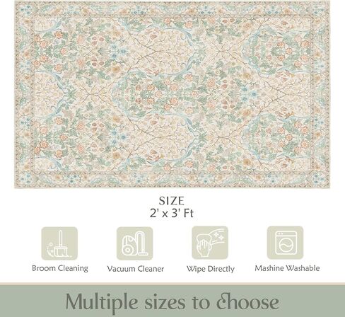 MUJOO 3x5 Rug Washable,Floral Area Rug for Bedroom Office Entryway Living Room Bedside,Small Throw Carpet Boho Non Slip Indoor Floor Botanical Vintage Ultra-Thin Black and Green in Saudi Arabia