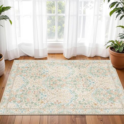 MUJOO 3x5 Rug Washable,Floral Area Rug for Bedroom Office Entryway Living Room Bedside,Small Throw Carpet Boho Non Slip Indoor Floor Botanical Vintage Ultra-Thin Black and Green in Saudi Arabia