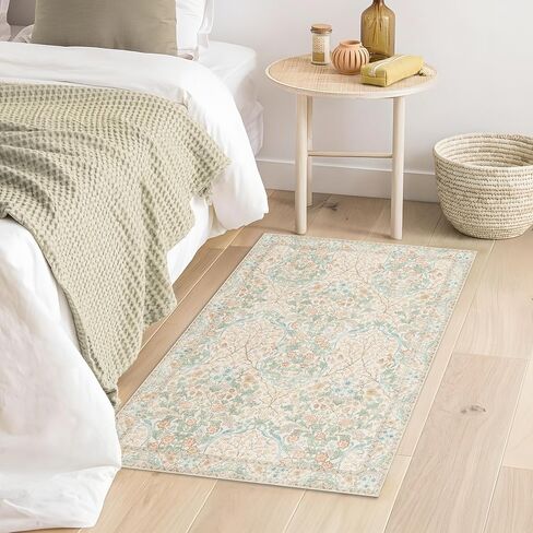 MUJOO 3x5 Rug Washable,Floral Area Rug for Bedroom Office Entryway Living Room Bedside,Small Throw Carpet Boho Non Slip Indoor Floor Botanical Vintage Ultra-Thin Black and Green in Saudi Arabia