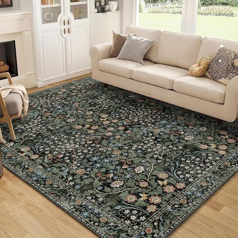 MUJOO 3x5 Rug Washable,Floral Area Rug for Bedroom Office Entryway Living Room Bedside,Small Throw Carpet Boho Non Slip Indoor Floor Botanical Vintage Ultra-Thin Black and Green in Saudi Arabia