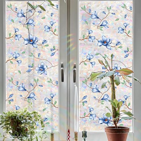 Flower Window Privacy Film,15.74" x 39.3" Rainbow Stained Glass Window Film Floral, Non Adhesive Window Cover Window Film for Home Door (Magnolia) in Saudi Arabia