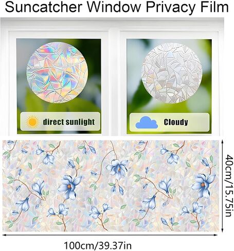 Flower Window Privacy Film,15.74" x 39.3" Rainbow Stained Glass Window Film Floral, Non Adhesive Window Cover Window Film for Home Door (Magnolia) in Saudi Arabia