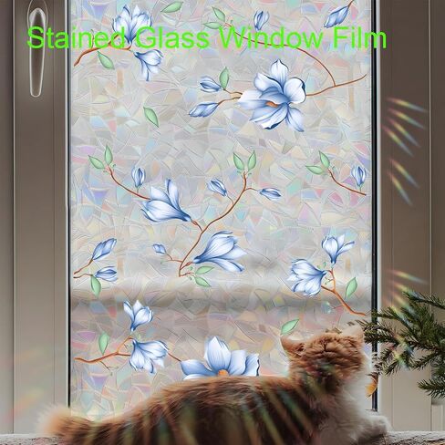 Flower Window Privacy Film,15.74" x 39.3" Rainbow Stained Glass Window Film Floral, Non Adhesive Window Cover Window Film for Home Door (Magnolia) in Saudi Arabia