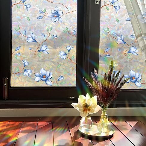 Flower Window Privacy Film,15.74" x 39.3" Rainbow Stained Glass Window Film Floral, Non Adhesive Window Cover Window Film for Home Door (Magnolia) in Saudi Arabia