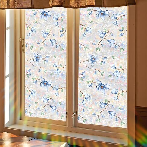 Flower Window Privacy Film,15.74" x 39.3" Rainbow Stained Glass Window Film Floral, Non Adhesive Window Cover Window Film for Home Door (Magnolia) in Saudi Arabia
