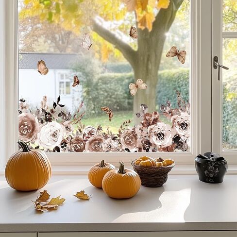 شارات النافذة المائية في الخريف ، ملصقات حدود النافذة الزهرية على الوجهين ، ودقة زجاجات زجاجية ثابتة تغطي فيلمًا للزخرفة المنزلية ، ودالياس البرتقال والورود in Kuwait