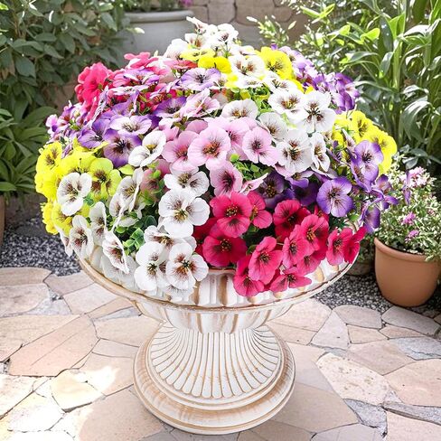 10pcs زهور فو في الهواء الطلق UV Morning Morning Glory Flowers Greenery Greenery Greenery Eucalyptus Plants for Spring Garden Garden Window Box Decor in Kuwait