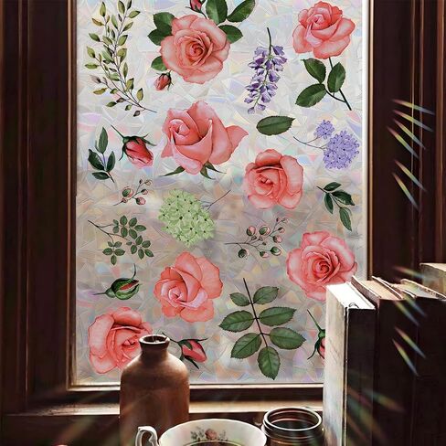 Flower Window Privacy Film,15.74" x 39.3" Rainbow Stained Glass Window Film Floral, Non Adhesive Window Cover Window Film for Home Door (Magnolia) in Saudi Arabia