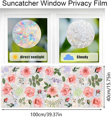 Flower Window Privacy Film,15.74" x 39.3" Rainbow Stained Glass Window Film Floral, Non Adhesive Window Cover Window Film for Home Door (Magnolia) in Saudi Arabia