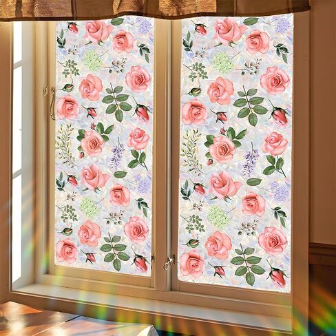 Flower Window Privacy Film,15.74" x 39.3" Rainbow Stained Glass Window Film Floral, Non Adhesive Window Cover Window Film for Home Door (Magnolia) in Saudi Arabia