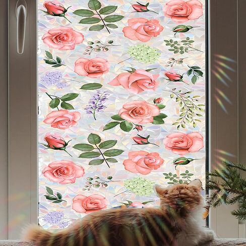 Flower Window Privacy Film,15.74" x 39.3" Rainbow Stained Glass Window Film Floral, Non Adhesive Window Cover Window Film for Home Door (Magnolia) in Saudi Arabia