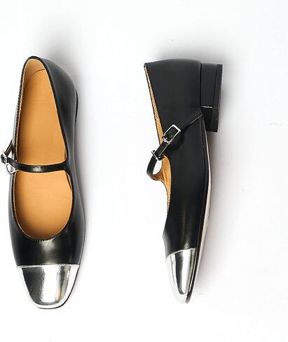 Lutalica W Women's Stylish Closed Cap Toe Matte Leather Two-Tone Instep Strap Ballet Flats Office Lady Comfort Round Toe Dress Mary Jane Flat Pumps Shoes in Kuwait