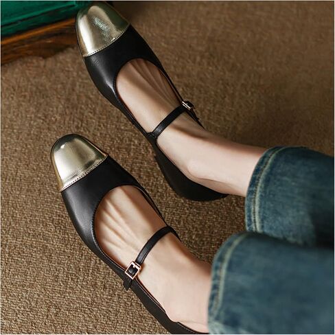 Lutalica W Women's Stylish Closed Cap Toe Matte Leather Two-Tone Instep Strap Ballet Flats Office Lady Comfort Round Toe Dress Mary Jane Flat Pumps Shoes in Kuwait
