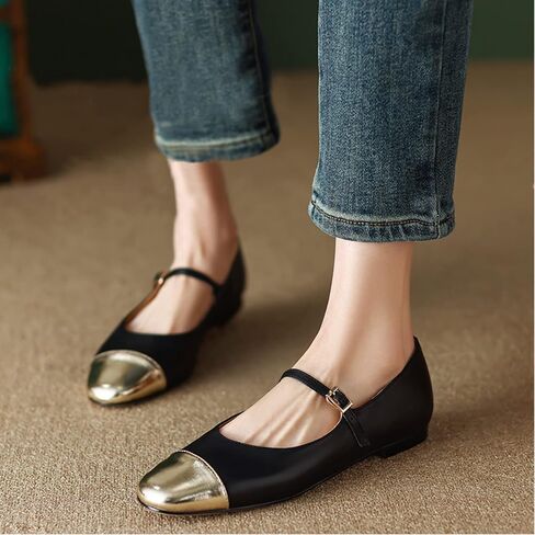 Lutalica W Women's Stylish Closed Cap Toe Matte Leather Two-Tone Instep Strap Ballet Flats Office Lady Comfort Round Toe Dress Mary Jane Flat Pumps Shoes in Kuwait
