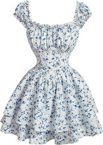 WDIRARA Women's Floral Layered Ruffle Romper Square Neck Cap Sleeve Smocked Short Jumpsuits in Saudi Arabia