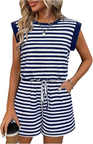 SweatyRocks Women's Summer Striped Short Jumpsuits Casual Cap Sleeve Rompers with Pockets Going Out in Saudi Arabia