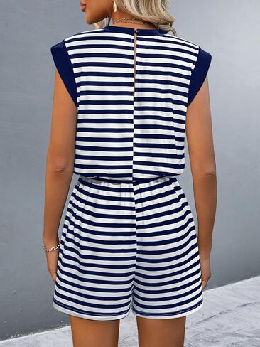 SweatyRocks Women's Summer Striped Short Jumpsuits Casual Cap Sleeve Rompers with Pockets Going Out in Saudi Arabia
