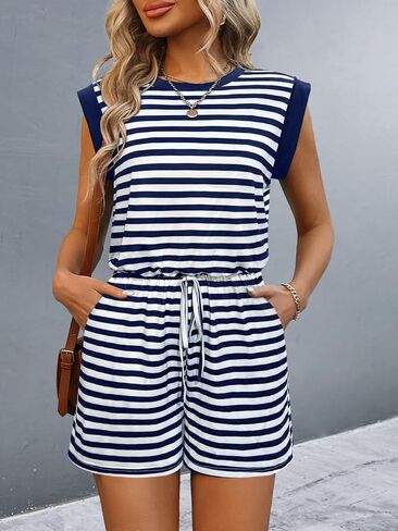 SweatyRocks Women's Summer Striped Short Jumpsuits Casual Cap Sleeve Rompers with Pockets Going Out in Saudi Arabia