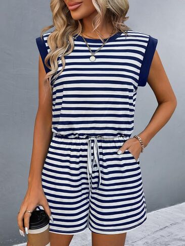 SweatyRocks Women's Summer Striped Short Jumpsuits Casual Cap Sleeve Rompers with Pockets Going Out in Saudi Arabia