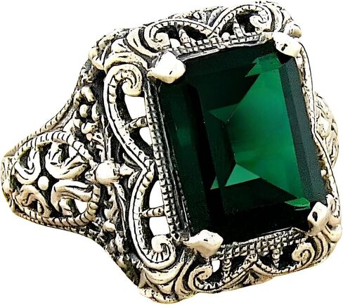 طراز خمر 925 حلقة سليمة سترلينغ الفضية الفضية ، 3 قيراط محاكاة الزمرد ، التصميم العتيق in Saudi Arabia