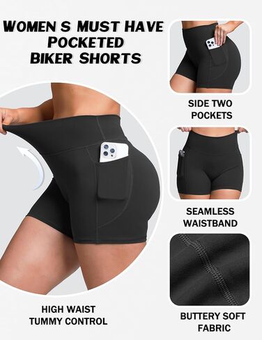 Sogetdo Athletic Biker Shorts Women with Pockets Tummy Control High Waisted Stretchy Compression Yoga Shorts in Kuwait