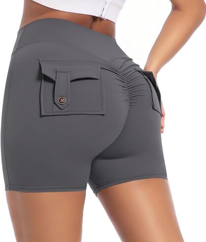 Women's High Waisted Yoga Booty Shorts with Pockets, Grey, High Rise in Saudi Arabia