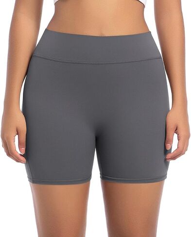 Women's High Waisted Yoga Booty Shorts with Pockets, Grey, High Rise in Saudi Arabia