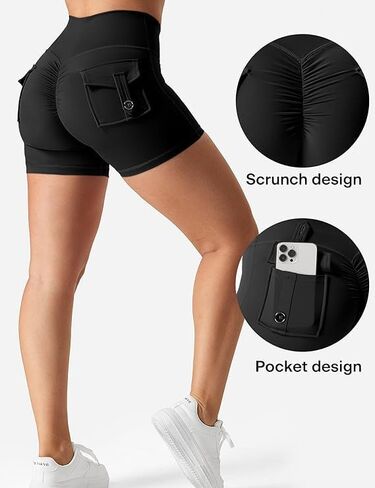 Women's High Waisted Yoga Booty Shorts with Pockets, Grey, High Rise in Saudi Arabia