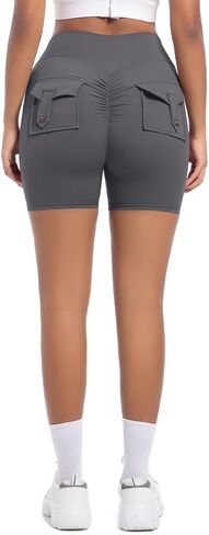Women's High Waisted Yoga Booty Shorts with Pockets, Grey, High Rise in Saudi Arabia