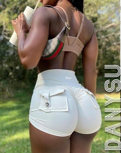 Women's High Waisted Yoga Booty Shorts with Pockets, Grey, High Rise in Saudi Arabia