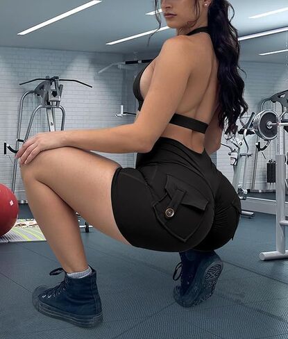 Women's High Waisted Yoga Booty Shorts with Pockets, Grey, High Rise in Saudi Arabia