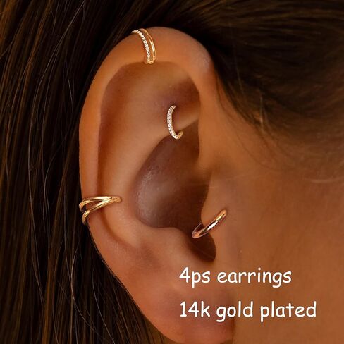 أقراط الغضروف للنساء ، العصرية 4pcs الحلزوني تراغوس ثقب المجوهرات الدائنة محارة daith المجوهرات 14k الذهب المطلي بالجراحة الأقراط in Kuwait