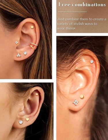 14K Gold Stud Earrings For Women Hypoallergenic - 𝟵𝟮𝟱 𝗦𝘁𝗲𝗿𝗹𝗶𝗻𝗴 𝗦𝗶𝗹𝘃𝗲𝗿 Post Small Earrings Stacks For Sensitive Ears Trendy Dainty Cute Cubic Zirconia Heart Flower Cartilage Tragus Earring Sets For Multiple Piercing Jewelry 3Pairs in Saudi Arabia