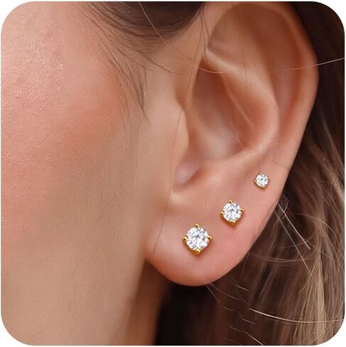 14K Gold Stud Earrings For Women Hypoallergenic - 𝟵𝟮𝟱 𝗦𝘁𝗲𝗿𝗹𝗶𝗻𝗴 𝗦𝗶𝗹𝘃𝗲𝗿 Post Small Earrings Stacks For Sensitive Ears Trendy Dainty Cute Cubic Zirconia Heart Flower Cartilage Tragus Earring Sets For Multiple Piercing Jewelry 3Pairs in Saudi Arabia