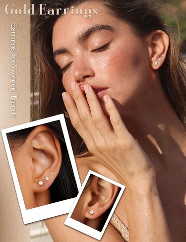 14K Gold Stud Earrings For Women Hypoallergenic - 𝟵𝟮𝟱 𝗦𝘁𝗲𝗿𝗹𝗶𝗻𝗴 𝗦𝗶𝗹𝘃𝗲𝗿 Post Small Earrings Stacks For Sensitive Ears Trendy Dainty Cute Cubic Zirconia Heart Flower Cartilage Tragus Earring Sets For Multiple Piercing Jewelry 3Pairs in Saudi Arabia
